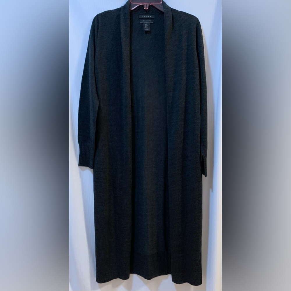Tahari Marino Wool Blend Longline Open Front Cardigan Size XS Grey